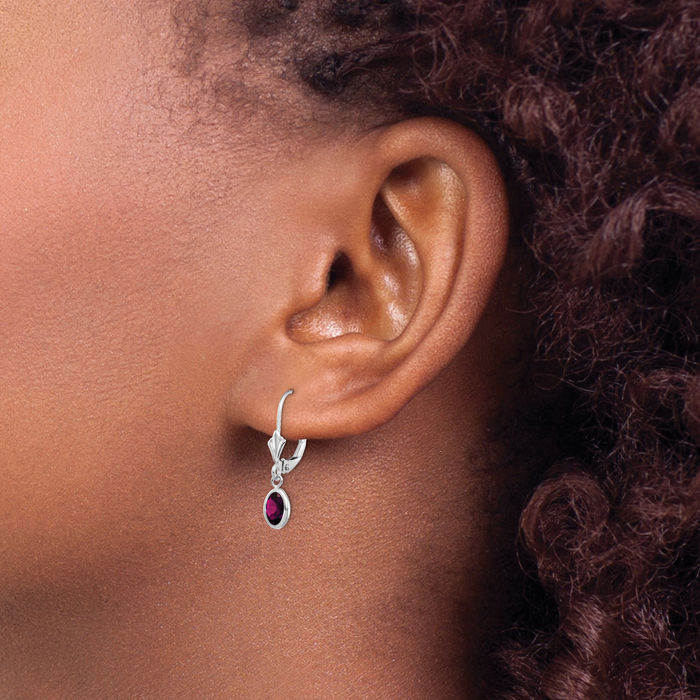 14K Solid White Gold Oval Rhodolite Drop Dangle Earrings June Birthstone Jewelry