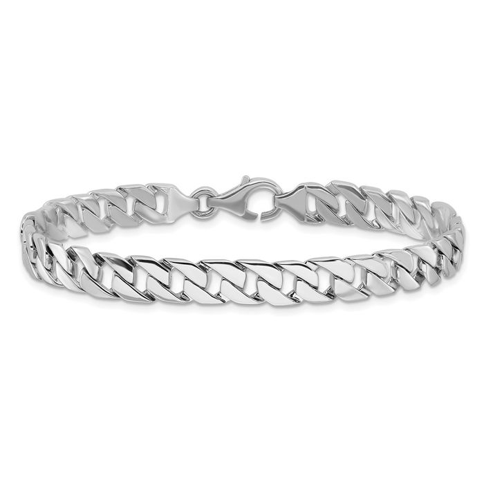 14K Solid White Gold 7.4mm Curb Link Chain Bracelet