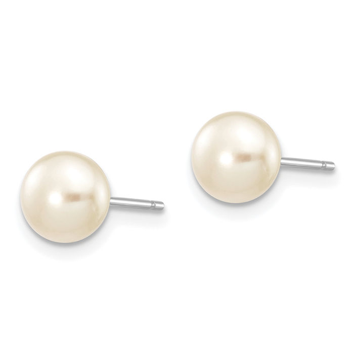 14K Solid White Gold 6mm Button Freshwater Cultured Pearl Stud Earrings