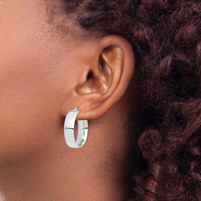 14K Solid White Gold 7mm Round Medium Hoop Earrings