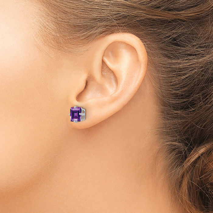 14K Solid White Gold 7mm Princess-Cut Square Purple Amethyst Studs Gemstone Solitaire Earrings February Birthstone Jewelry