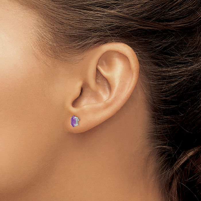 14K Solid White Gold Marquise Purple Amethyst Studs Gemstone Earrings February Birthstone Jewelry