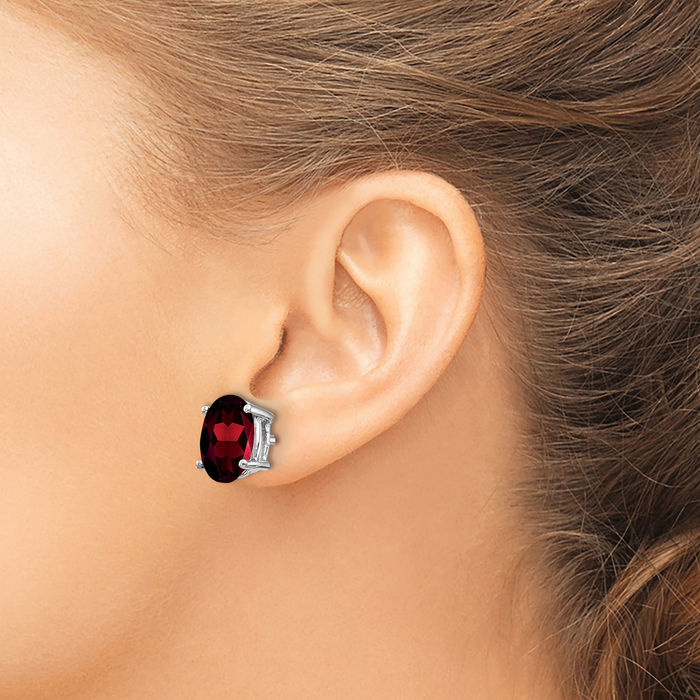 14K Solid White Gold Oval Red Garnet Studs Gemstone Solitaire Earrings January Birthstone Jewelry