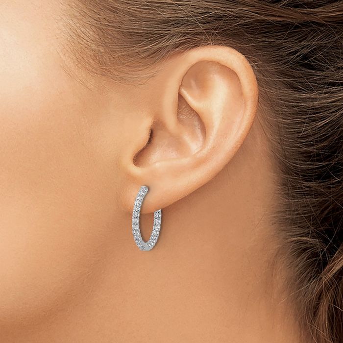 14K Solid White Gold Diamond Round Medium Hoop Earrings