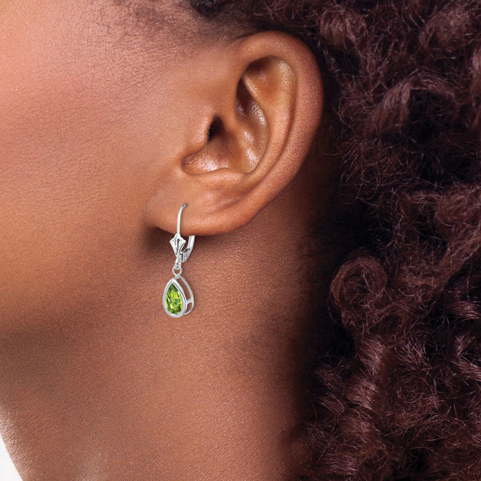 14K Solid White Gold Green Peridot Drop Dangle Earrings Pear Teardrop Gemstone