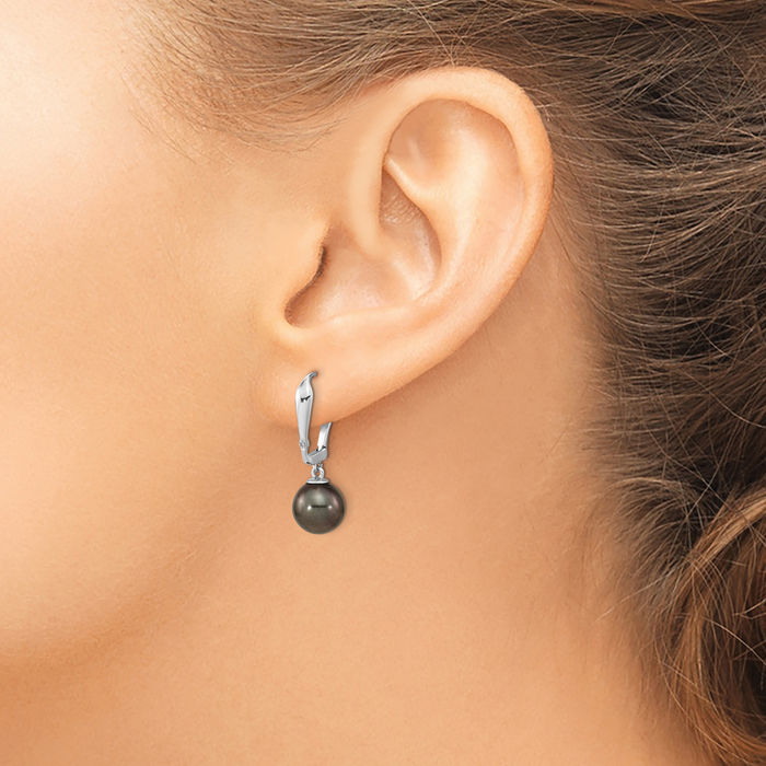 14K Solid White Gold 9mm Black Round Tahitian Saltwater Cultured Pearl Diamond Drop Dangle Earrings