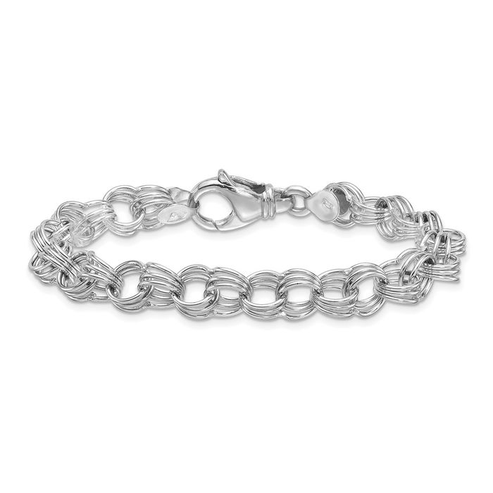 14K Solid White Gold 9mm Triple Link Charm Bracelet