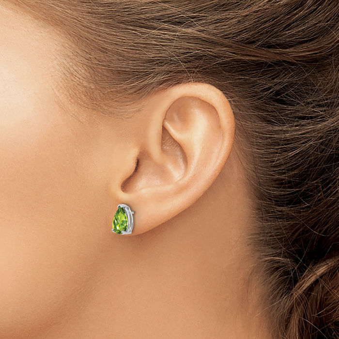 14K Solid White Gold Green Peridot Studs Pear Teardrop Gemstone Solitaire Earrings August Birthstone Jewelry