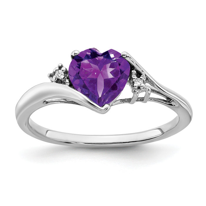 14K Solid White Gold Amethyst Diamond Heart Ring - Picture 11 of 28
