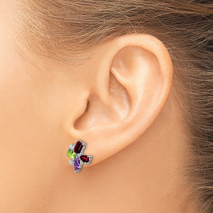 14K Solid White Gold Purple Amethyst Green Peridot Red Garnet Diamond Studs Gemstone Earrings