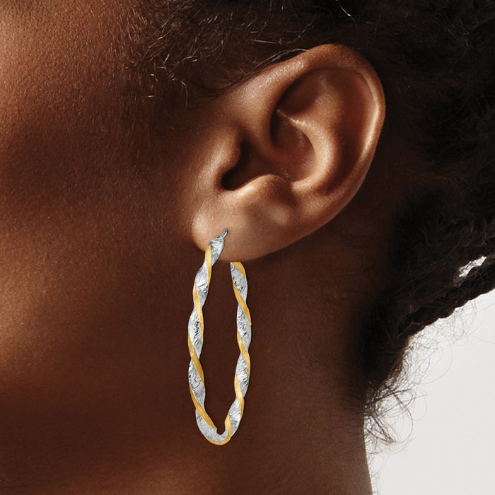 14K Solid White Gold Yellow Twisted Oval Large Hoop Earrings