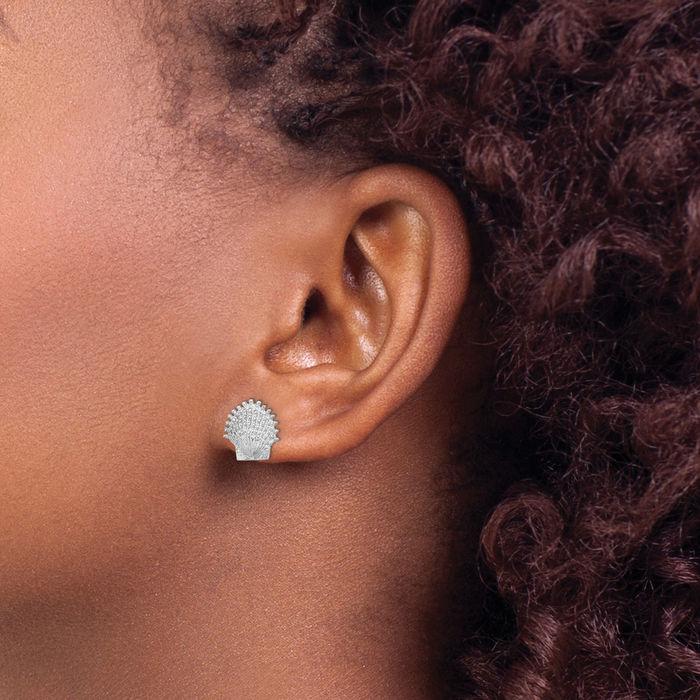 14K Solid White Gold Beaded Scallop Shell Stud Earrings