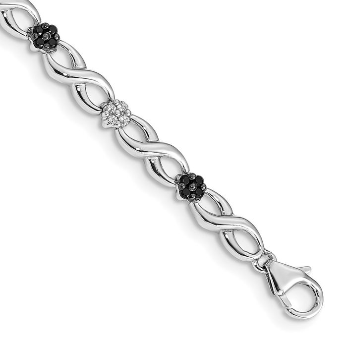 14K Solid White Gold Black Diamond Flower Infinity Twisted Love Knot Symbol Chain Charm Bracelet