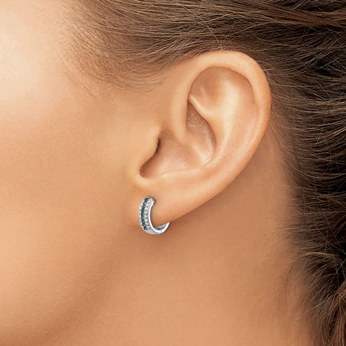 14K Solid White Gold Blue Diamond Huggie Small Hoop Earrings