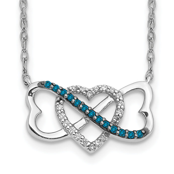 14K Solid White Gold Blue Diamond Triple Heart Necklace Love Pendant Friendship Charm Chain