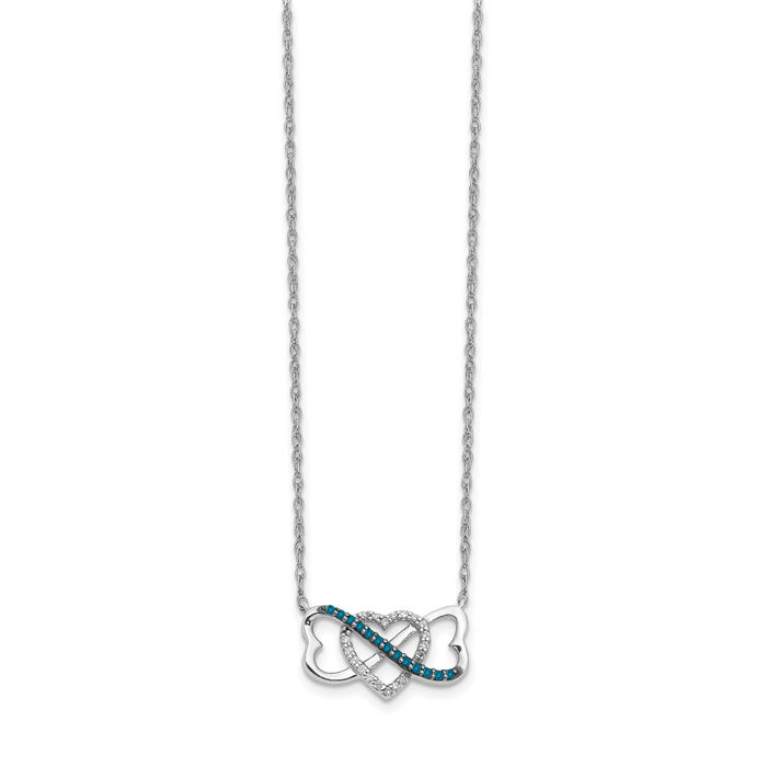 14K Solid White Gold Blue Diamond Triple Heart Necklace Love Pendant Friendship Charm Chain