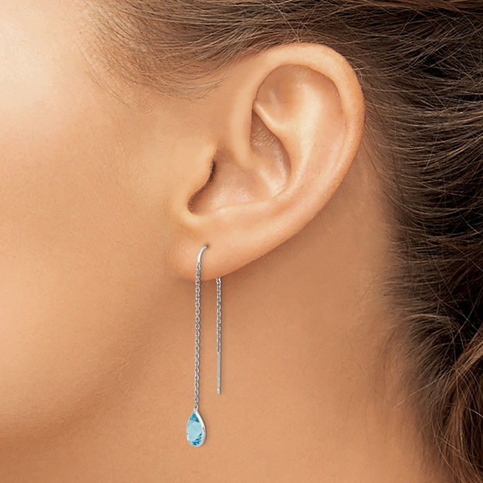 14K Solid White Gold Swiss Blue Topaz Threader Drop Dangle Earrings Pear Teardrop Gemstone December Birthstone Jewelry