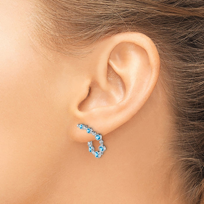 14K Solid White Gold Swiss Blue Topaz Teardrop Huggie Small Hoop Earrings December Birthstone Jewelry