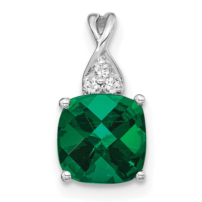 14K Solid White Gold Lab Emerald Diamond Necklace - Picture 10 of 12