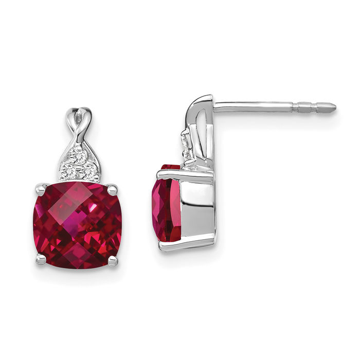 14K Solid White Gold Lab Red Ruby Diamond Drop Dangle Earrings Gemstone Post Push Back July Birthstone Jewelry