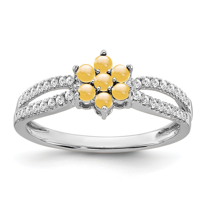 14K Solid White Gold Citrine Diamond Flower Ring - Picture 11 of 36