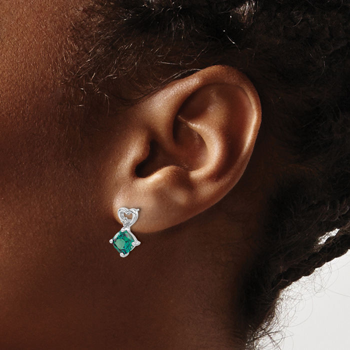 14K Solid White Gold Lab Alexandrite Diamond Heart Drop Dangle Earrings June Birthstone Jewelry