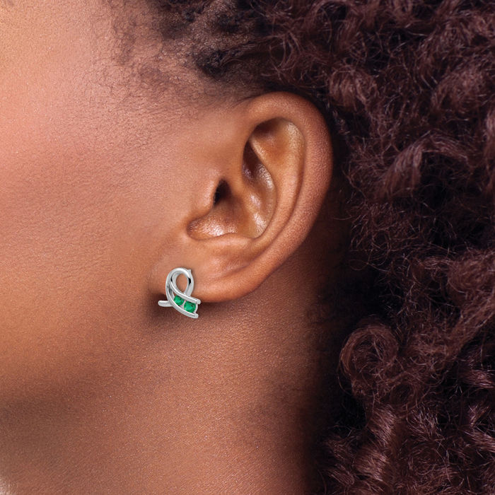 14K Solid White Gold Lab Green Emerald Drop Dangle Earrings