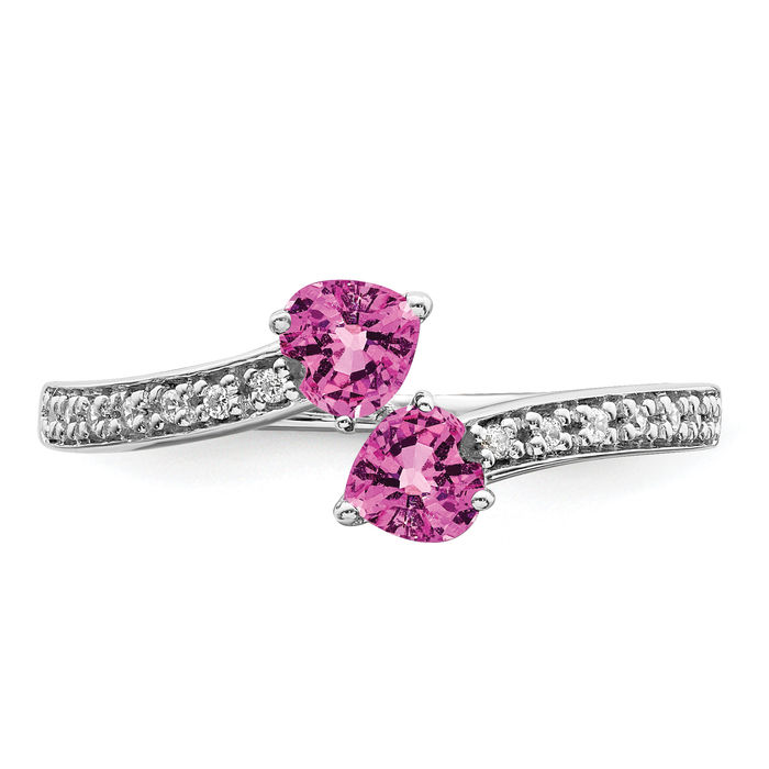 14K Solid White Gold Lab Pink Sapphire Diamond 2 Stone Heart Ring Love Band October Birthstone Jewelry