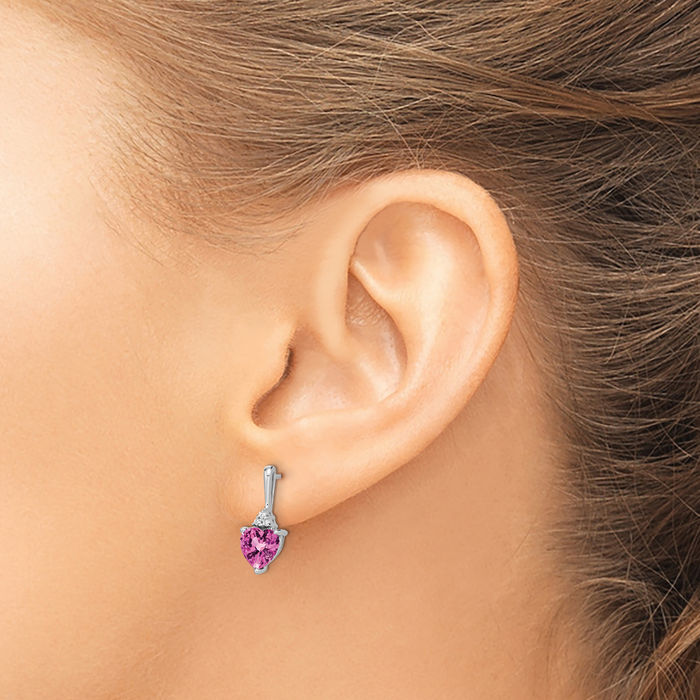 14K Solid White Gold Lab Pink Sapphire Diamond Heart Drop Dangle Earrings Gemstone Post Push Back October Birthstone Jewelry