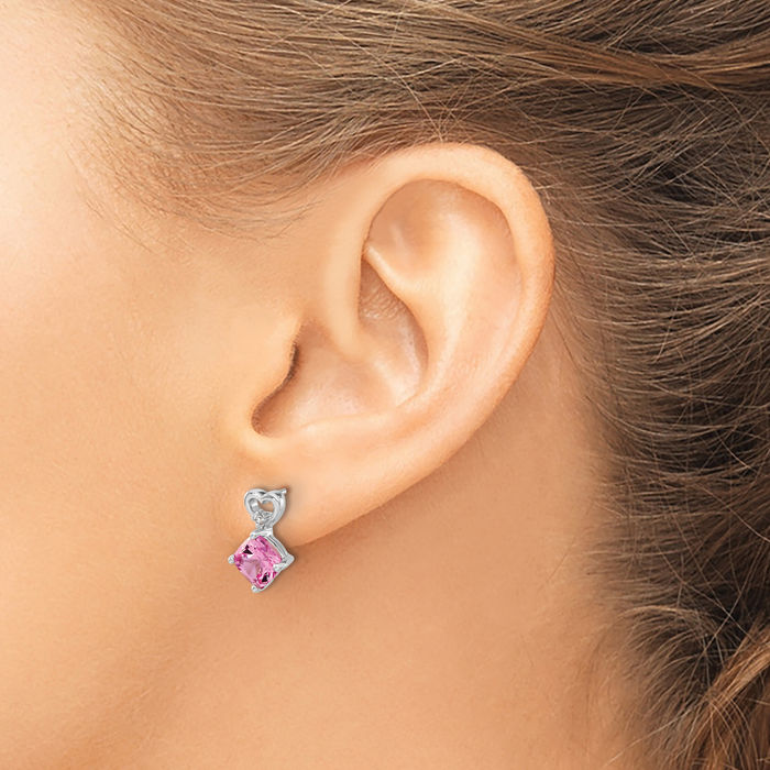 14K Solid White Gold Lab Pink Sapphire Diamond Heart Drop Dangle Earrings October Birthstone Jewelry