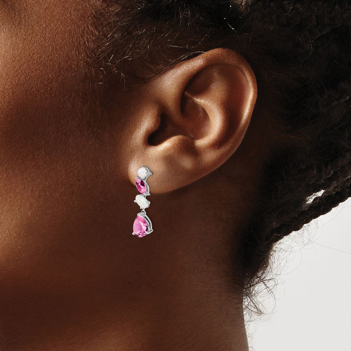 14K Solid White Gold Lab Pink Sapphire Opal Drop Dangle Earrings Pear Teardrop Gemstone October Birthstone Jewelry