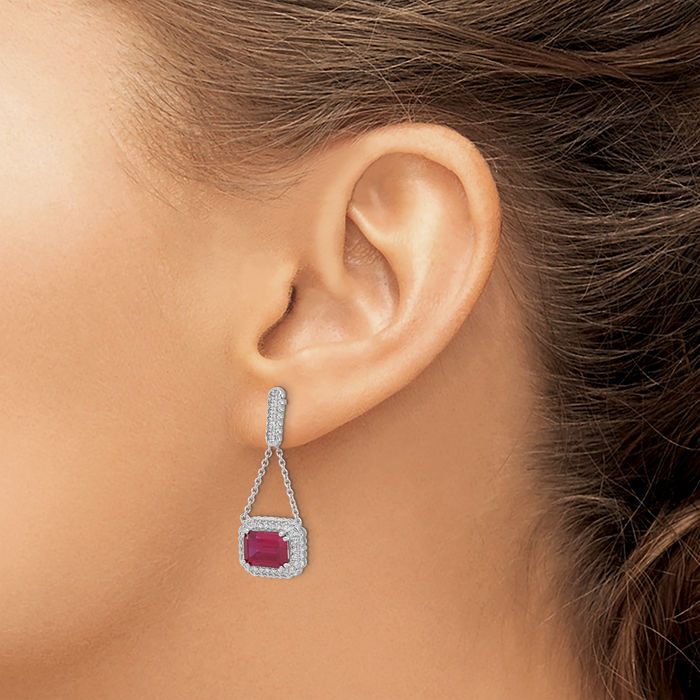 14K Solid White Gold Lab Red Ruby Diamond Drop Dangle Earrings Gemstone Post Push Back July Birthstone Jewelry