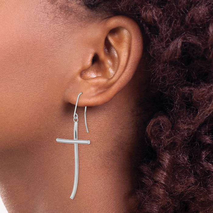 14K Solid White Gold Hanging Holy Cross Christian Religious Drop Dangle Earrings