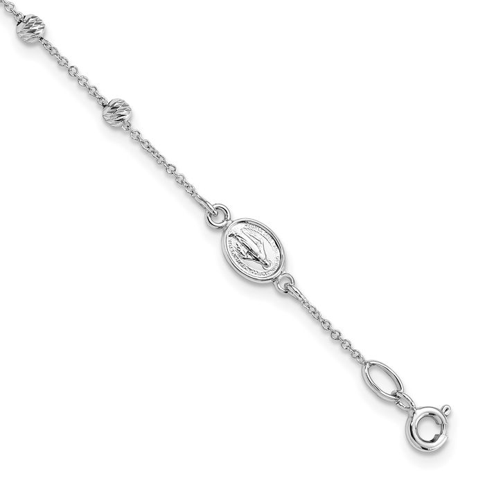 14K Solid White Gold Cross Our Lady of Miraculous Medal Charm Bracelet - Picture 10 of 12