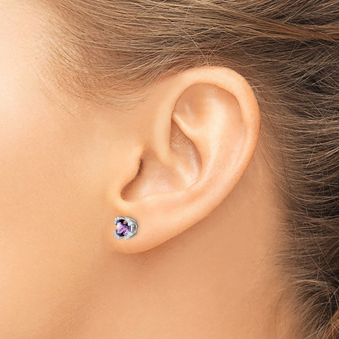 14K Solid White Gold Cushion-Cut Purple Amethyst Diamond Stud Earrings February Birthstone Jewelry