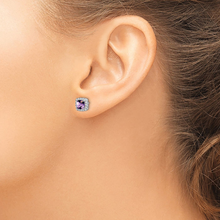 14K Solid White Gold Cushion-Cut Purple Amethyst Diamond Halo Round Stud Earrings February Birthstone Jewelry