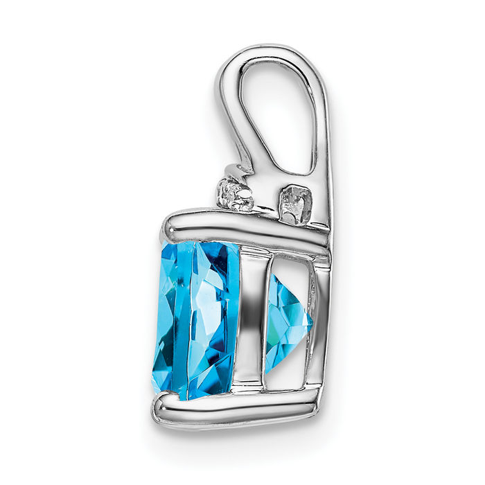 14K Solid White Gold Cushion-Cut Swiss Blue Topaz Diamond Necklace Charm Gemstone Pendant