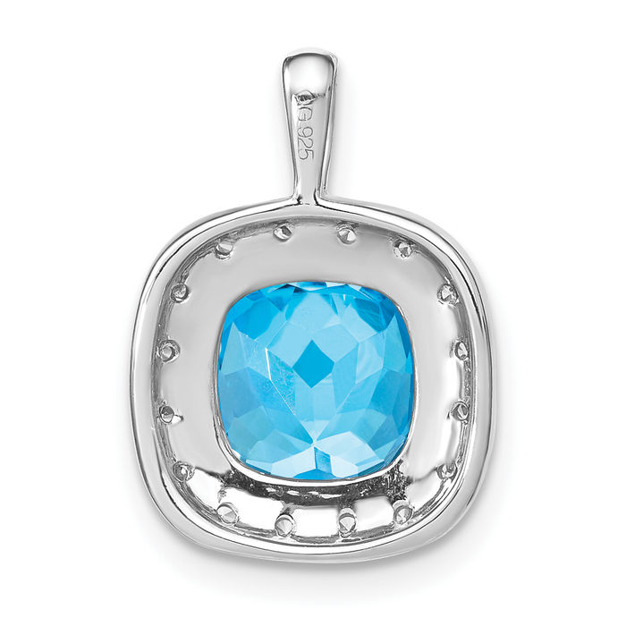 14K Solid White Gold Cushion-Cut Swiss Blue Topaz Diamond Necklace Charm Gemstone Pendant