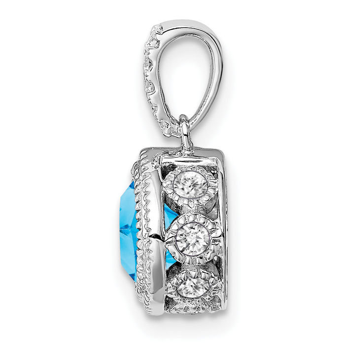 14K Solid White Gold Cushion-Cut Swiss Blue Topaz Diamond Necklace Charm Gemstone Pendant