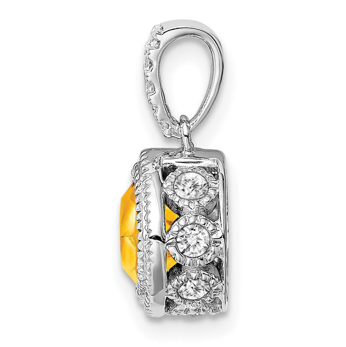 14K Solid White Gold Cushion-Cut Yellow Orange Citrine Diamond Necklace Charm Gemstone Pendant