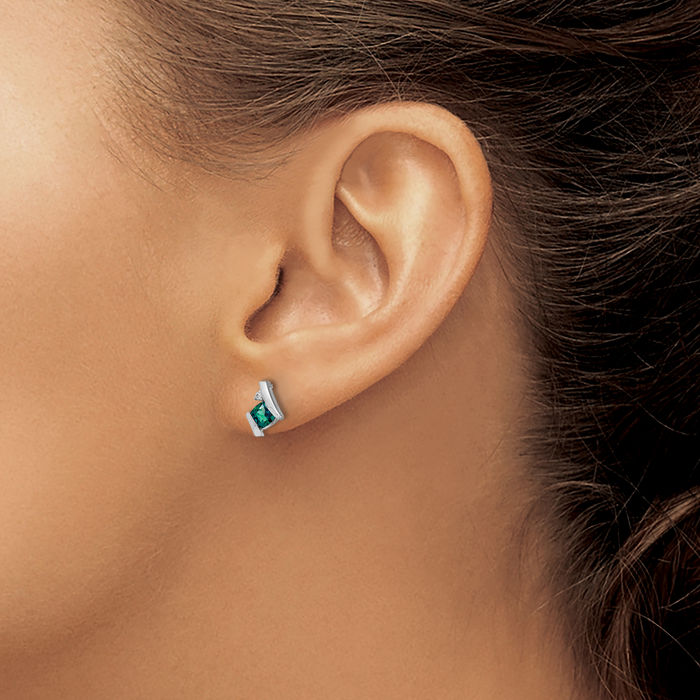 14K Solid White Gold Cushion-Cut Lab Alexandrite Diamond Stud Earrings Gemstone Post Push Back June Birthstone Jewelry