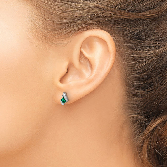 14K Solid White Gold Cushion-Cut Lab Green Emerald Diamond Stud Earrings Gemstone Post Push Back May Birthstone Jewelry