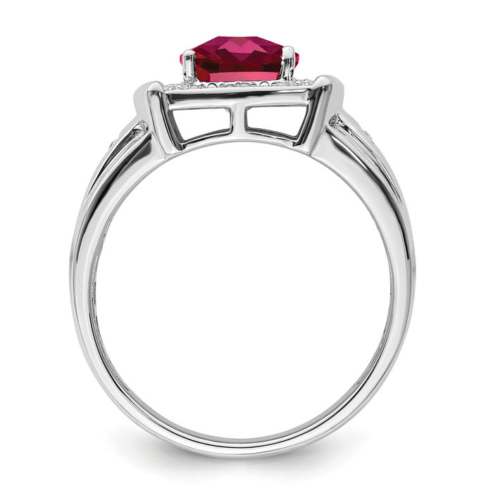 14K Solid White Gold Cushion-Cut Lab Red Ruby Diamond Mens Ring