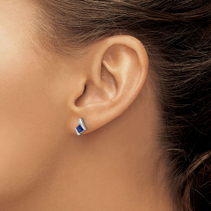 14K Solid White Gold Cushion-Cut Lab Blue Sapphire Diamond Stud Earrings Gemstone Post Push Back September Birthstone Jewelry