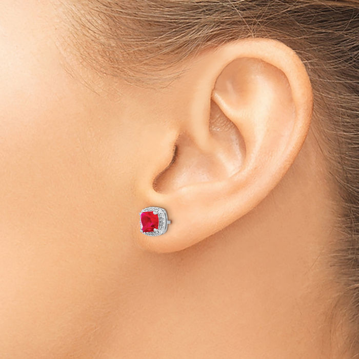 14K Solid White Gold Cushion-Cut Red Ruby Diamond Halo Round Stud Earrings July Birthstone Jewelry