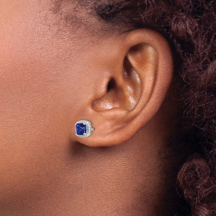 14K Solid White Gold Cushion-Cut Blue Sapphire Diamond Halo Round Stud Earrings September Birthstone Jewelry