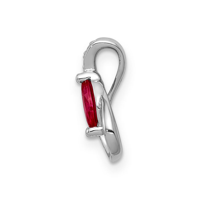 14K Solid White Gold Diamond Red Ruby Teardrop Floating Chain Slide Gemstone Pendant Necklace Charm