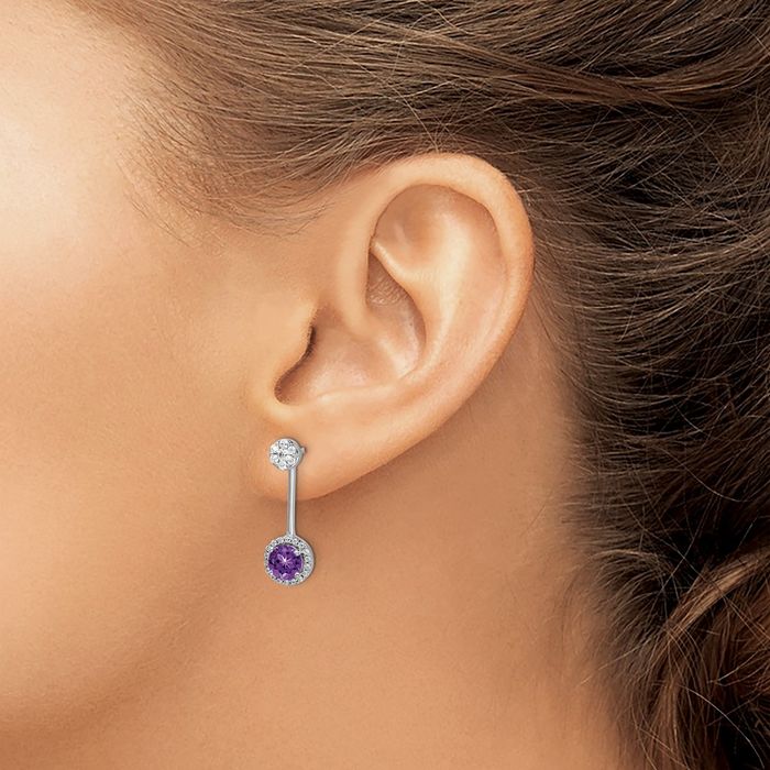 14K Solid White Gold Diamond Purple Amethyst Drop Dangle Earrings February Birthstone Jewelry