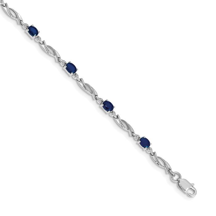 14K Solid White Gold Diamond Blue Sapphire Tennis Bracelet - Picture 7 of 12