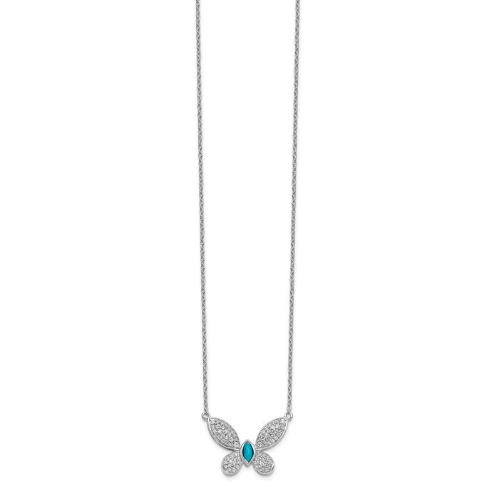 14K Solid White Gold Diamond Blue Turquoise Butterfly Wings Chain Necklace